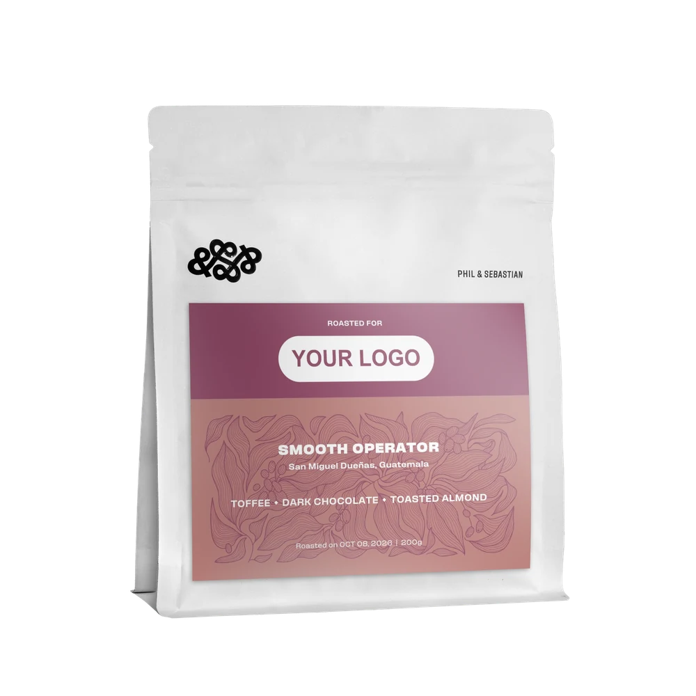 White Phil & Sebastian coffee bag with the Coffee Leaves label and a YOUR LOGO placeholder