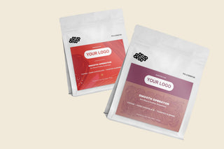Two Phil & Sebastian coffee bags with YOUR LOGO on the Holiday and Coffee Leaves labels