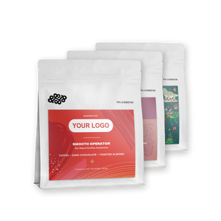 Three Phil & Sebastian coffee bags with YOUR LOGO on the Holiday, Coffee Leaves and Playful labels