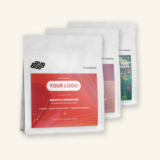 Three Coffee with Your Logo bags with the Holiday, Coffee Leaves and Playful labels